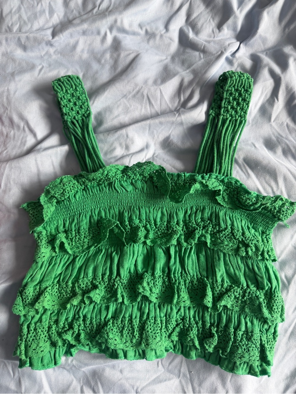 Green Ruffled Crochet Crop Top